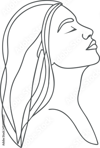Minimalist line art of a serene woman’s side profile with closed eyes, symbolizing peace and inner strength. Ideal for beauty branding, modern and elegant feminine illustrations.