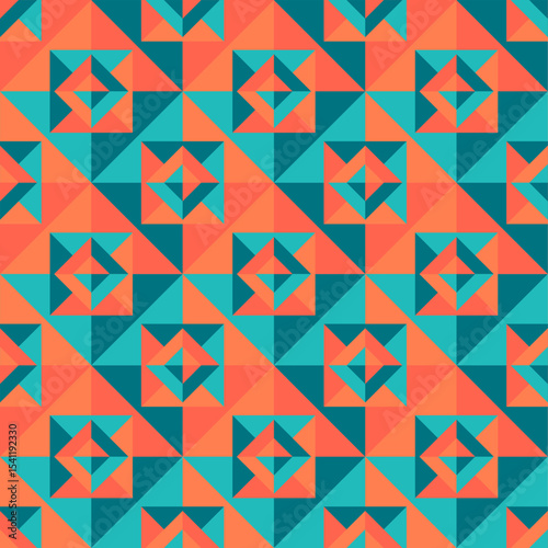 Seamless geometric pattern with colorful triangles and squares in retro style. Perfect for backgrounds, textiles, and wrapping paper.