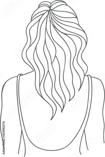 Minimalist line art of woman from back with wavy hair in ponytail, perfect for fashion design, beauty branding, feminine artwork, digital prints, hairstyle guides, and tattoo sketches.