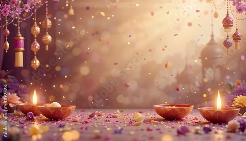 Elegant Diwali Celebration Background with Purple Three-Dimensional Decorative Elements in Festive 3D Render