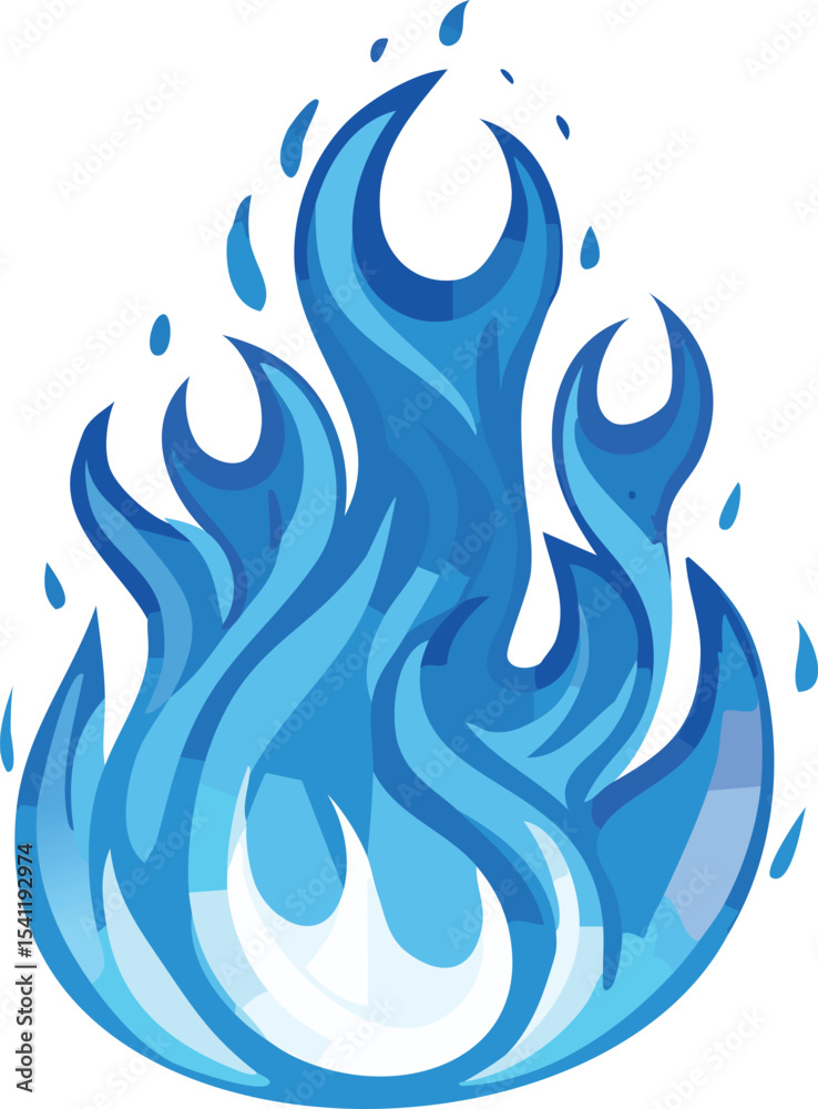 Stylized blue spirit flames floating on a white background, glowing ghostly fire with smooth gradients of blue, cyan, and purple, dark outline with soft brush strokes, mystical and magical aura, carto