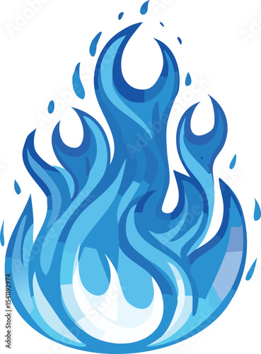 Stylized blue spirit flames floating on a white background, glowing ghostly fire with smooth gradients of blue, cyan, and purple, dark outline with soft brush strokes, mystical and magical aura, carto