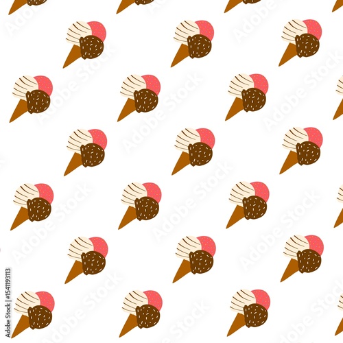 Vanilla, strawberry and chocolate flavored ice cream desert flat design seamless pattern illustration with assorted toppings cartoon doodle style for fabric, picture label, wallpaper, banner, poster.