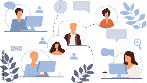 People connecting online through computers and video calls with chat bubbles and clock icons around them