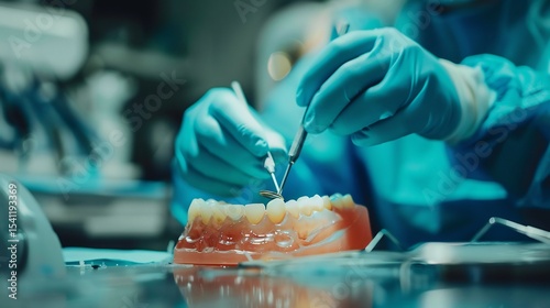 Close up of a dental assistant placing a rubber dam for cavity treatment ensuring precision and isolation