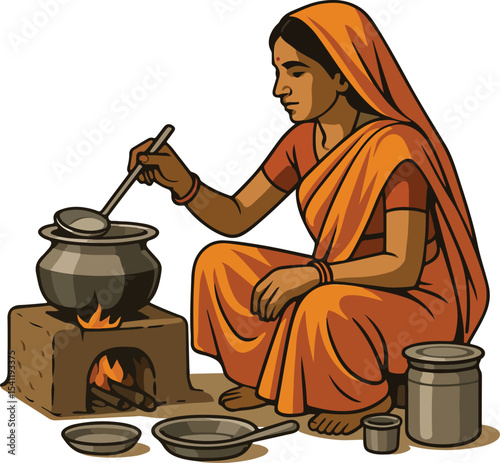 Rural woman cooking food vector illustration