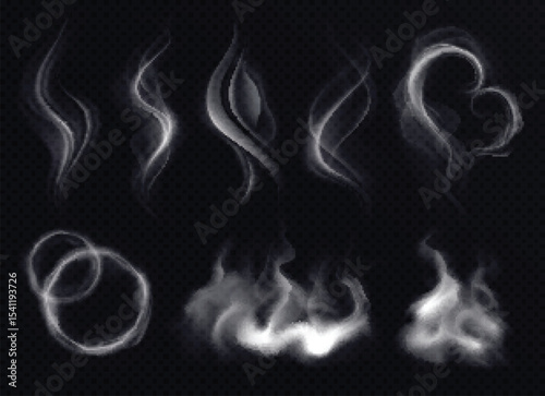 
Steam smoke with ring and swirl shape realistic set white on dark transparent bac