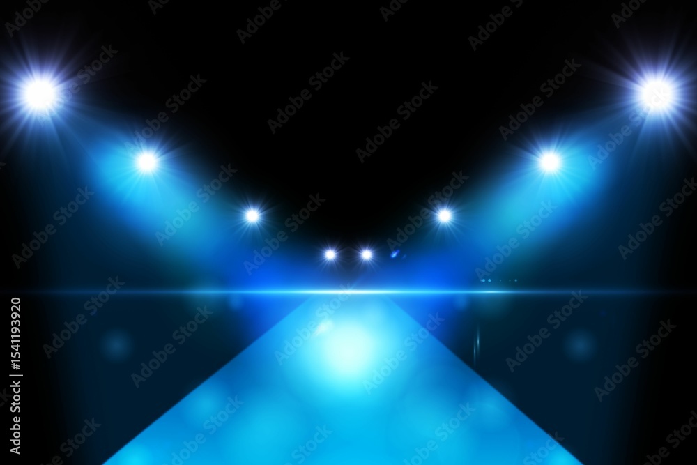 Fototapeta premium 3D render showing glossy blue runway stage reaching viewer with spotlights casting lens flares