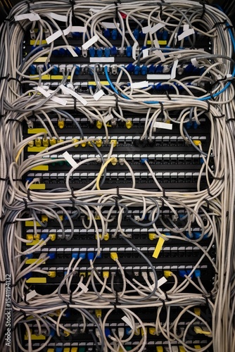 Flat design patch panel is showing Ethernet cables with labeled RJ45 connectors in data center rack