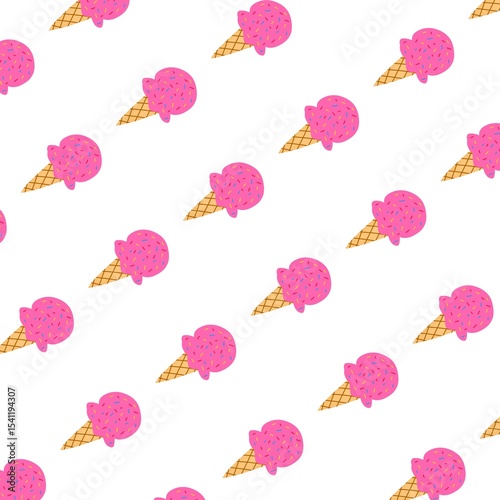 Vanilla, strawberry and chocolate flavored ice cream desert flat design seamless pattern illustration with assorted toppings cartoon doodle style for fabric, picture label, wallpaper, banner, poster.
