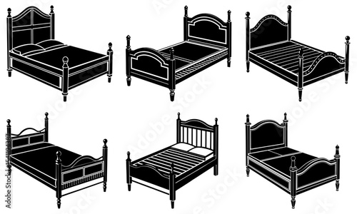 Illustration showcasing six different styles of beds with headboards and footboards in black and white art