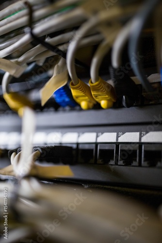 Colorful Ethernet cables are connecting to rack switch in flat design, showing port labels