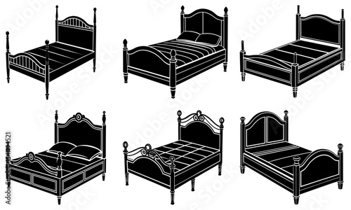 Collection of six antique four poster beds with decorative headboards in black and white design style