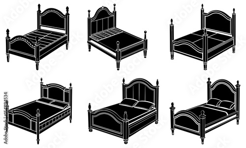 Illustrations of six different four poster beds in various stages of construction and completion
