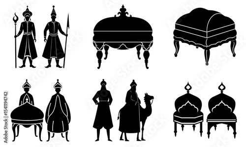 Silhouettes of royal guards with spears, men with camel, and ornate furniture in black and white style