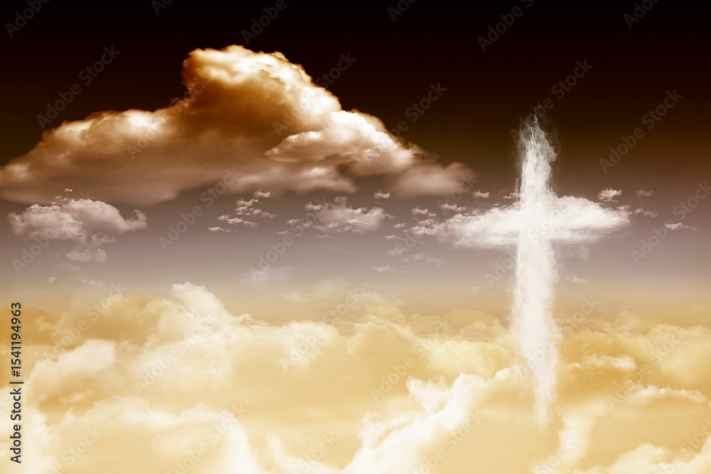 Obraz premium Cross-shaped cloud is rising above cloud mass and puffy clouds under sunrise sky in flat design