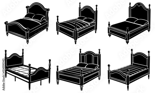 Six black and white illustrations of beds with various headboard and frame styles in a grid layout