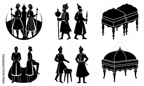Silhouetted figures in traditional attire with furniture elements in black and white illustration style