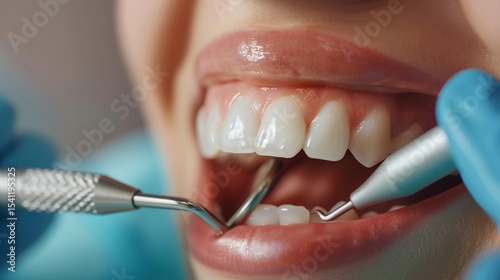 Close up of a dentist using an air polisher to remove stains from teeth high resolution clinical background
