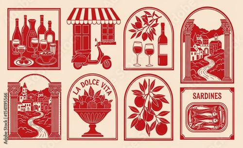 Set of Italian themed illustrations with wine, scooter, oranges, and "La Dolce Vita" text