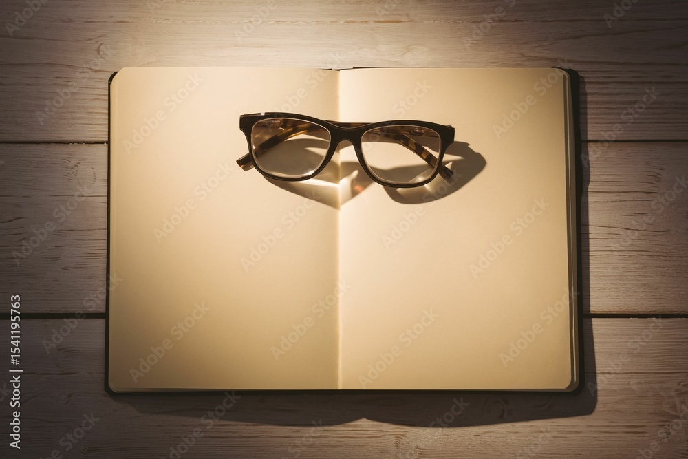 Naklejka premium Eyeglasses on blank book at desk