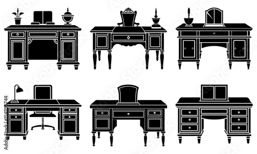 Illustration of six antique desks with chairs and decorative items in black and white silhouette style