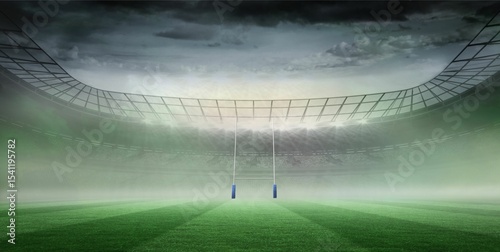 Rugby goalposts are standing on foggy green pitch in flat design, with floodlights and roof grid