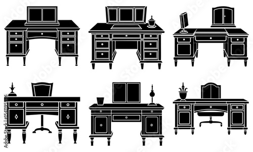 A collection of six ornate desks and workstations in black silhouette vector graphics design art
