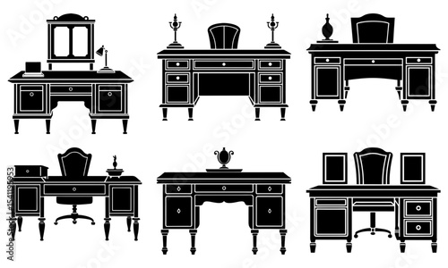 Collection of six antique desks and chairs in black silhouette on a white background in a vector image