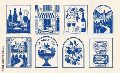 Mediterranean themed graphic illustration set with wine, scooter, fruit, olives and sardines
