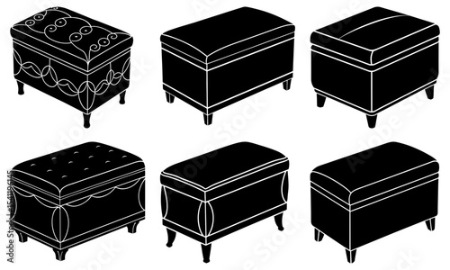 Isometric view of six different black and white ottoman designs with varying patterns and shapes shown