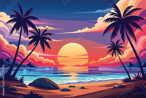 Tropical sea view sunset background illustration design.
