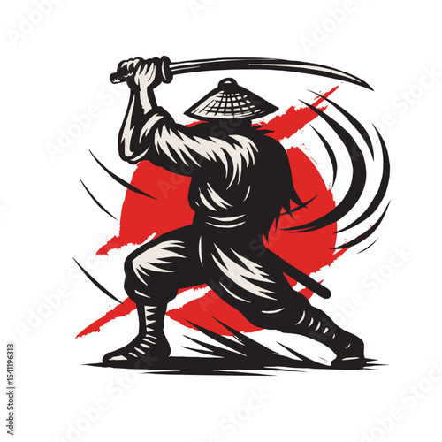 Silhouette of a Ninja Warrior with Katana and Conical Hat against Red Sun