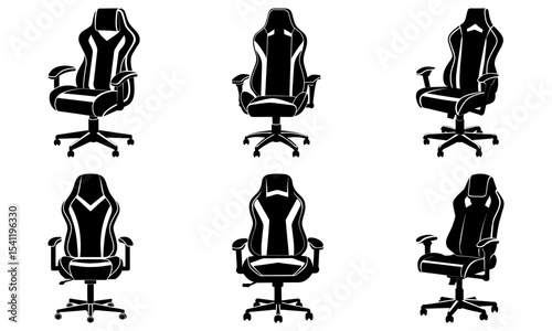 Collection of six black and white gaming chair illustrations in various perspectives and orientations