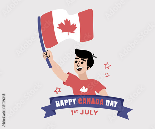 Canada Day Celebration Illustration – Boy Holding Canadian Flag in Red Shirt.Colorful flat vector illustration of a smiling boy waving the Canadian flag, celebrating Canada Day.