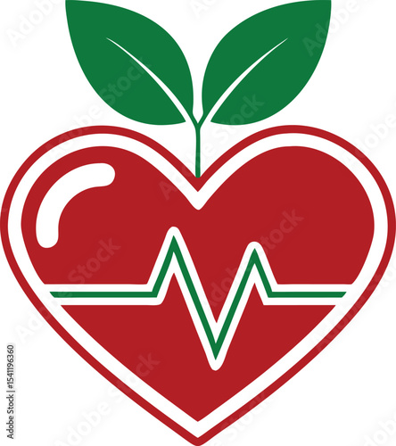 Healthy heart symbol with green leaves and ekg line suitable for wellness design