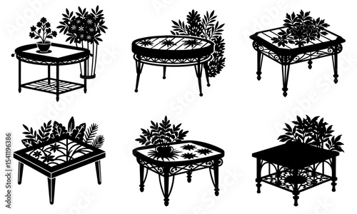 Collection of six decorative tables with plants in black and white silhouette style vector illustration