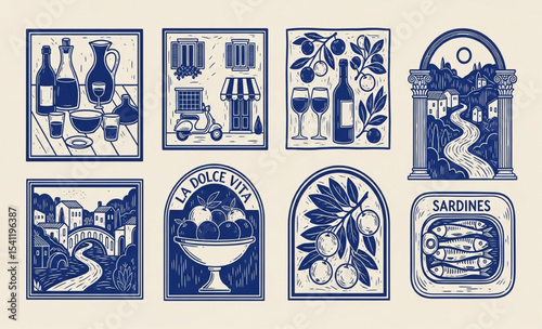 Vintage Italian Ceramic Tile Illustrations – Olive, Wine, Sardines & La Dolce Vita Icons in Blue and White