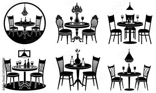Silhouette illustrations of dining tables with chairs and decorative elements displayed in different arrangements
