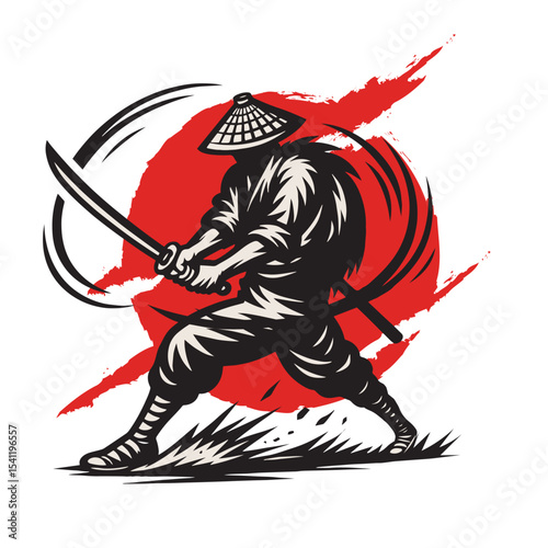 Silhouette of a Ninja Warrior with Katana and Conical Hat against Red Sun