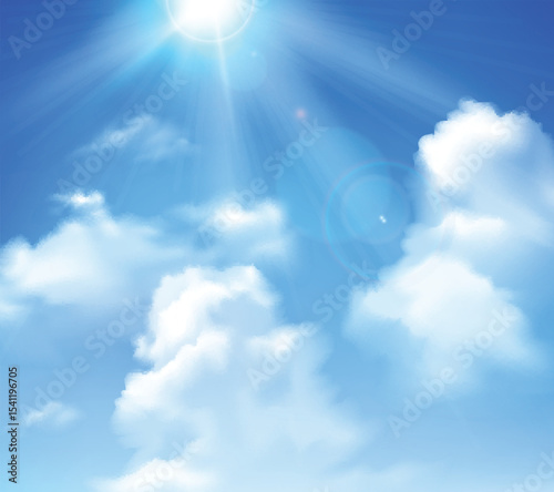 Sun shining in blue sky with white clouds realistic background