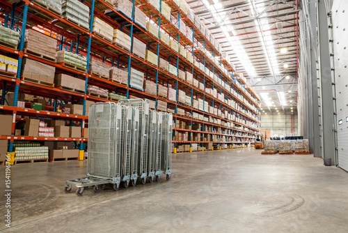 Trolleys and cardboard boxes in warehouse