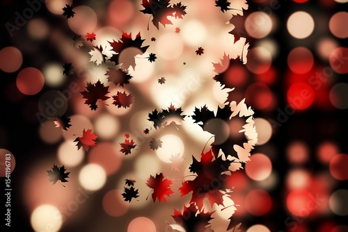 Abstract composition showing red black beige maple leaves scattering over warm bokeh orb backdrop