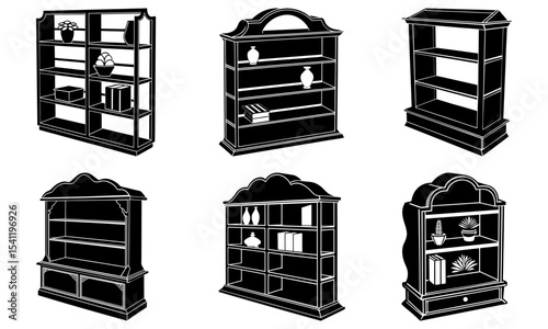 Illustration of six different style bookshelves with various items on the shelves in a black and white drawing