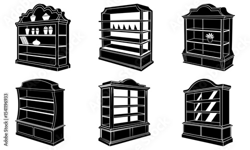 Illustration of six antique bookcases with different designs and shelf arrangements isolated on white background