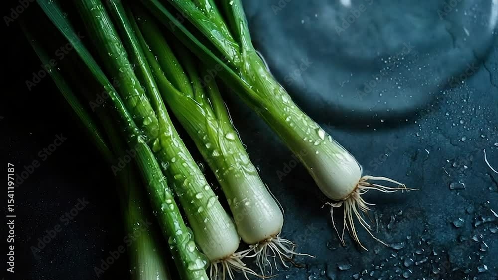 Fresh green onions with roots, water droplets on dark surface