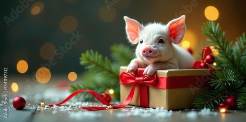 Christmas present overflowing with a joyful piglet, fir branches , farm, gift