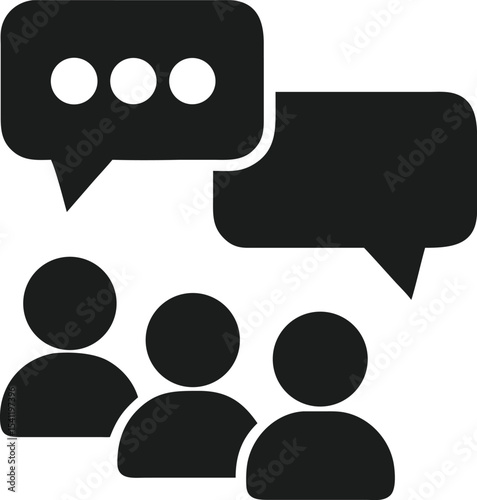 Team collaboration and communication silhouette with overlapping speech bubbles design
