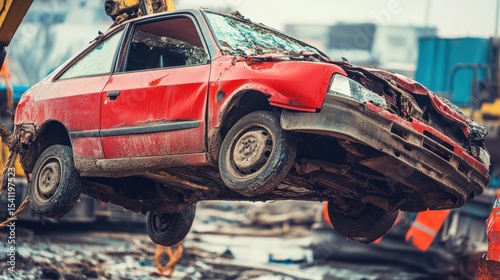 Rusty Red Car Elevated by Crane in Scrap Yard Surrounded by Industrial Machinery and Debris