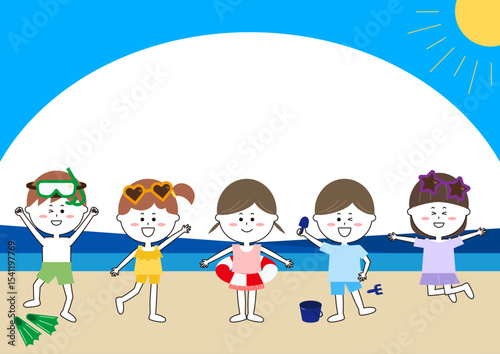 海ではしゃぐ子供たちのイラスト